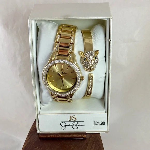 Jessica Simpson Gold Tone Watch Crystal Lion Head Hinged Bangle Bracelet Set NEW - Picture 2 of 15
